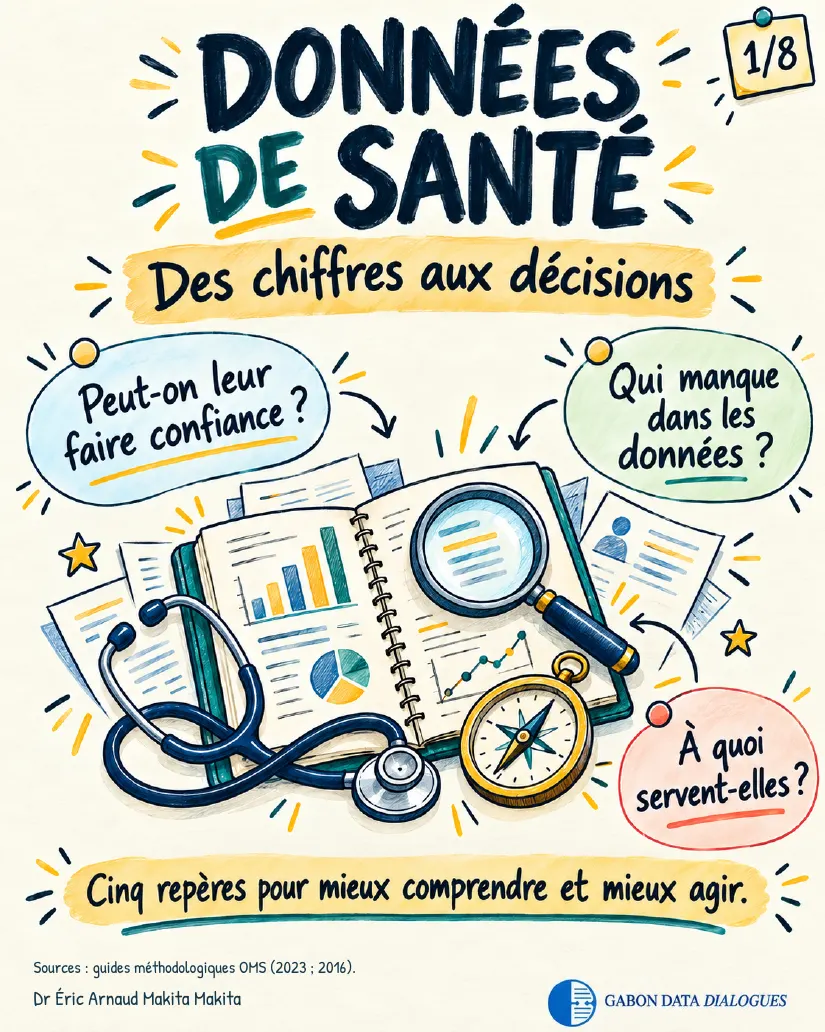 Planche 1 — Couverture : Données de santé, des chiffres aux décisions. Peut-on leur faire confiance ? Qui manque dans les données ? À quoi servent-elles ? Cinq repères pour mieux comprendre et mieux agir