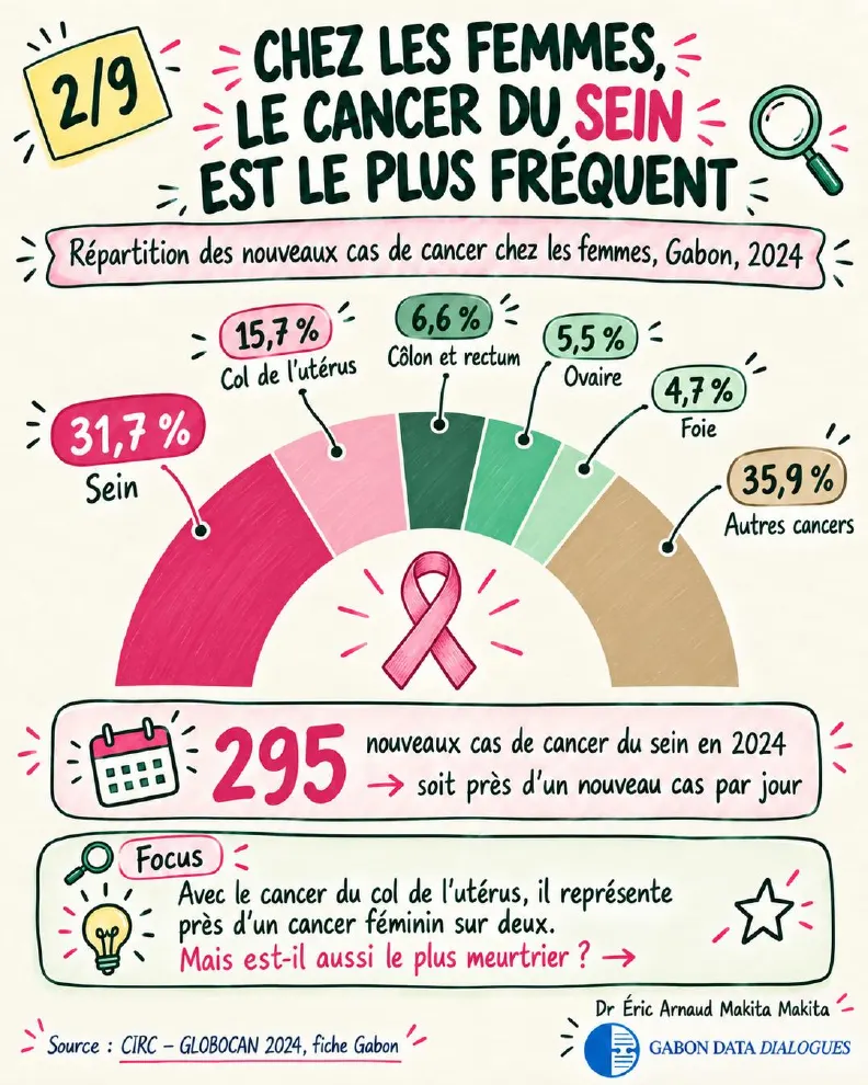 Fiche 2 — Chez les femmes, le cancer du sein est le plus fréquent : 31,7 % des nouveaux cas de cancer féminins en 2024, soit 295 nouveaux cas — près d'un par jour