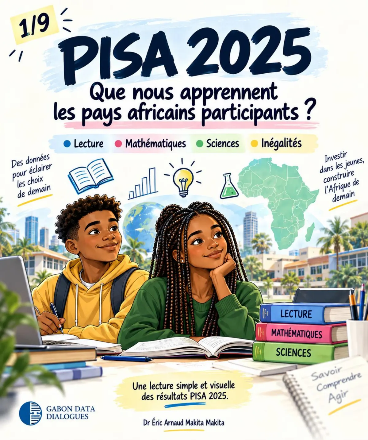 Planche 1 — Couverture : PISA 2025, que nous apprennent les pays africains participants ? Lecture, mathématiques, sciences, inégalités
