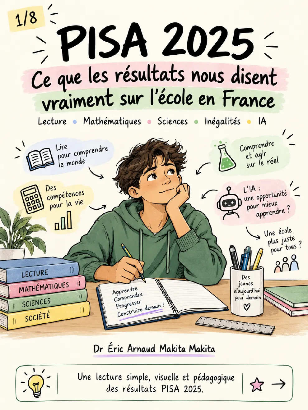 Planche 1 — Couverture : PISA 2025, ce que les résultats nous disent vraiment sur l'école en France — lecture, mathématiques, sciences, inégalités, IA